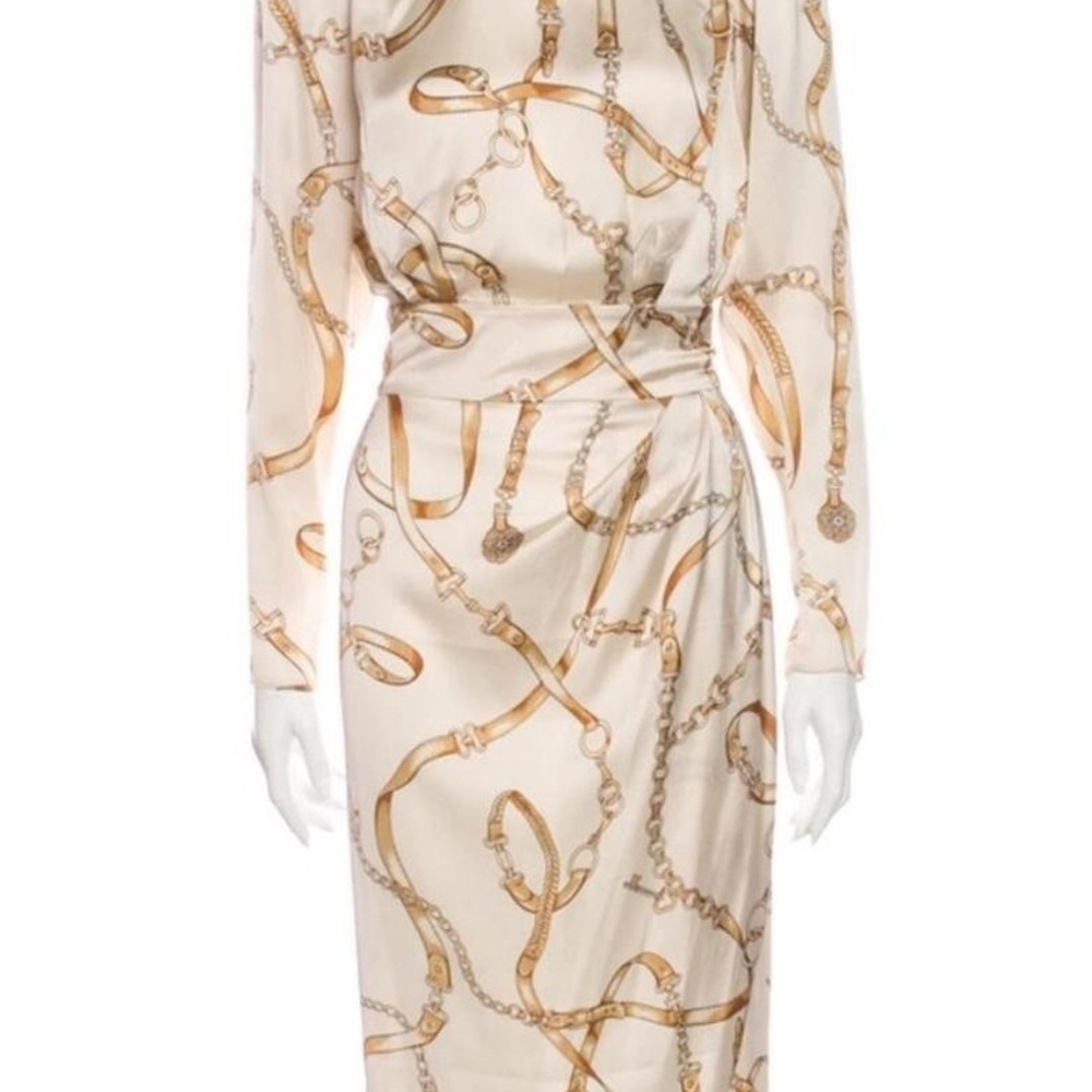 Long Sleeve Chain Print Satin Dress - Cream/Gold - Picture 3 of 9